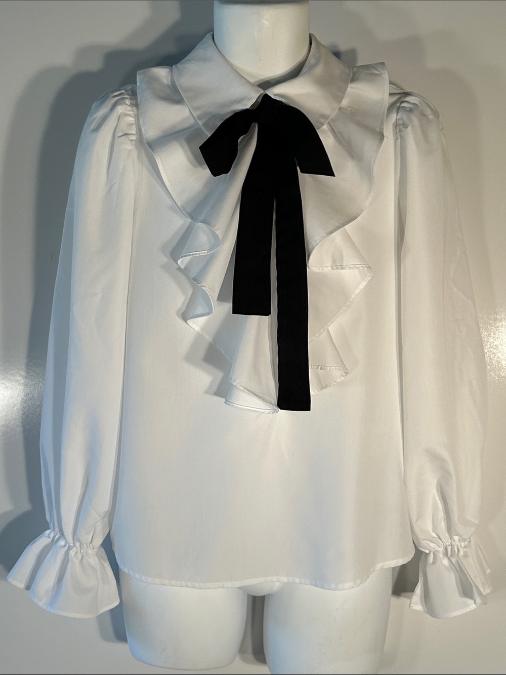 Shein SZM Crisp White Ruffle Blouse w/ Black Tie Career Cottage Preppy Timeless